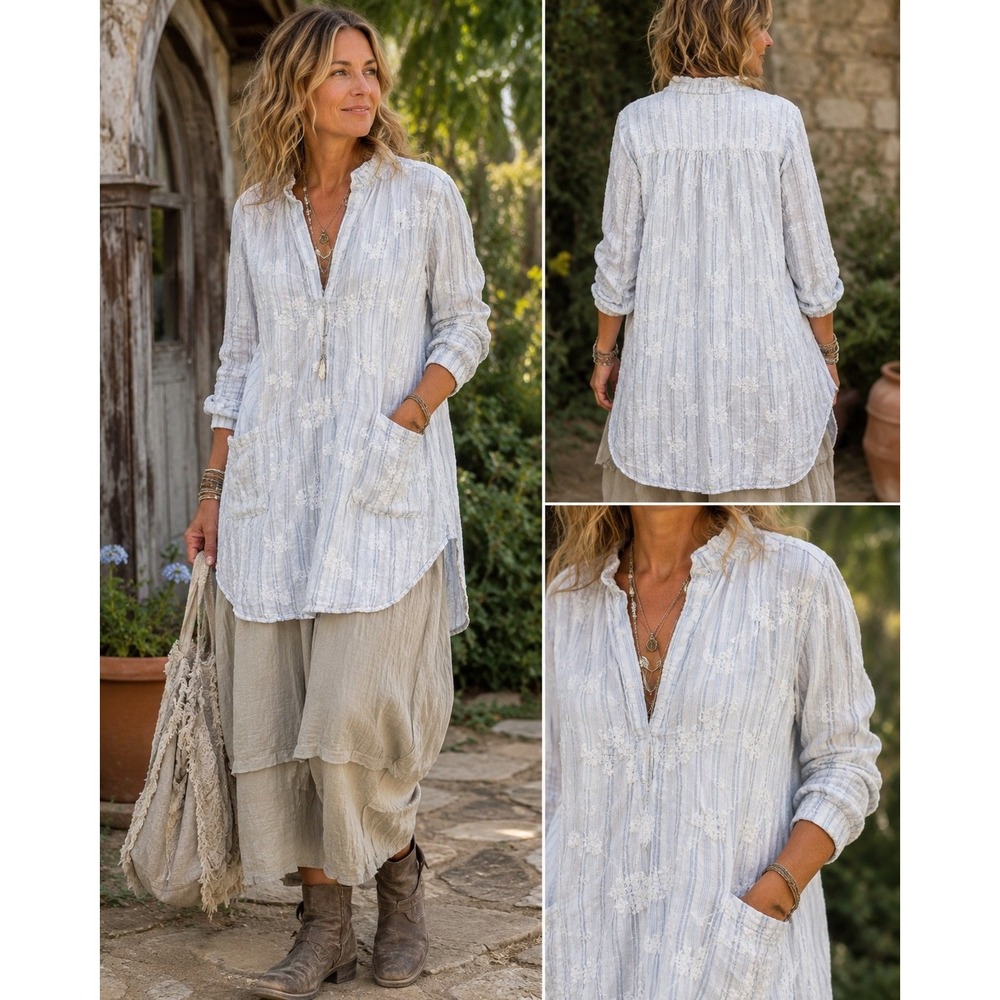 CP Shades Linen Tunic Top Small Blue White Stripe Embroidered Collared Shirt